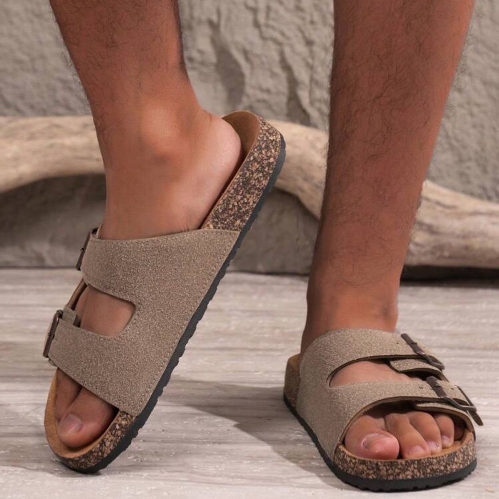 Manfinity Casual Suede Upper Cork Texture Adjustable Hook/Loop Slip-On Slippers